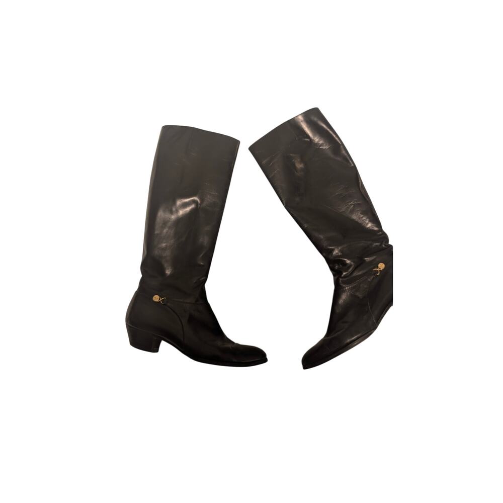 Vintage Salvatore Ferragamo Black Leather Knee High Boots Size 9
